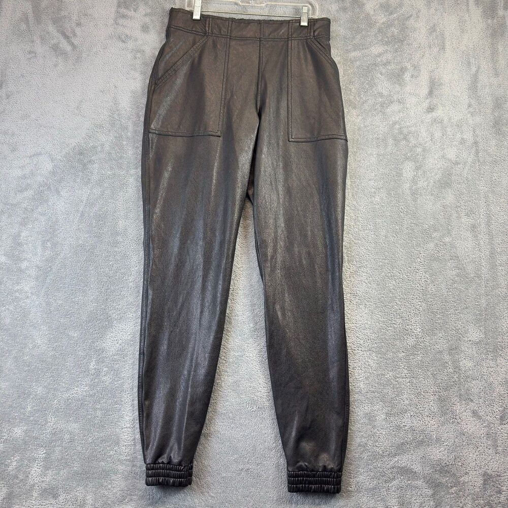 Spanx Jogger Pants Womens Medium Black Stretch Faux Leather Shimmer Pockets Cute